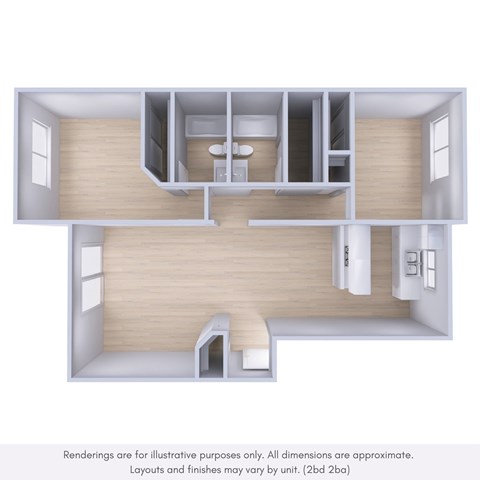 Floor plan for 2 beds, 1 bath, 970 sqft
